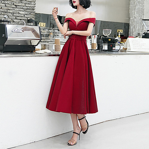 

A-Line Minimalist Cocktail Party Prom Dress Off Shoulder Short Sleeve Tea Length Satin with Buttons 2021