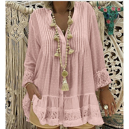 

Women's Plus Size Blouse Shirt Solid Colored Long Sleeve Pleated Lace V Neck Tops Basic Top White Blushing Pink Khaki