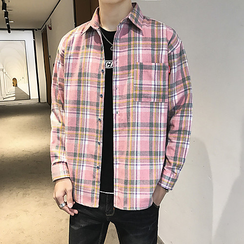 

Men's Shirt Striped Check Geometric Print Long Sleeve Daily Tops Vintage Streetwear Blue Blushing Pink