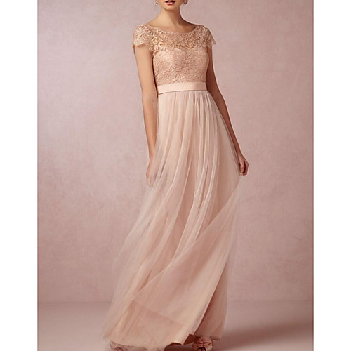 

A-Line Jewel Neck Floor Length Lace / Tulle Bridesmaid Dress with Sash / Ribbon