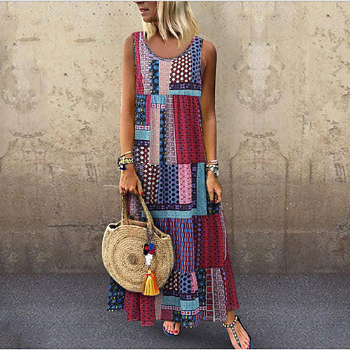 

Women's Shift Dress Blue Red Green Sleeveless Color Block Round Neck S M L XL XXL 3XL 4XL 5XL