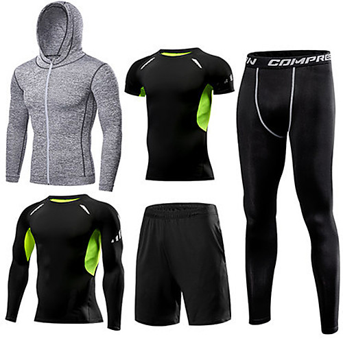 

1bests Men's Full Zip Activewear Set Workout Outfits Compression Suit Athletic 5pcs Winter Long Sleeve Quick Dry Lightweight Breathable Fitness Gym Workout Basketball Running Sportswear Solid Colored