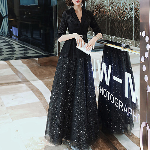 

A-Line Party Wear Formal Evening Dress V Neck Half Sleeve Floor Length Tulle with Sash / Ribbon Sequin 2021
