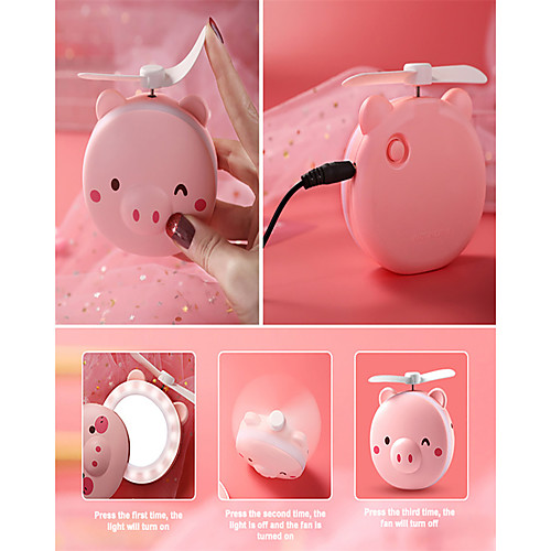 

New Mini Cartoon Pig Makeup Mirro USB Rechargeable LED Fill Light Cute and Beautiful Fan Portable Handheld Mini Fan