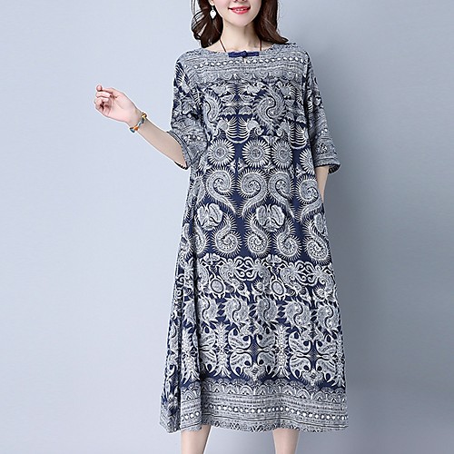 

Women's Loose Dress - Half Sleeve Print Blue M L XL XXL