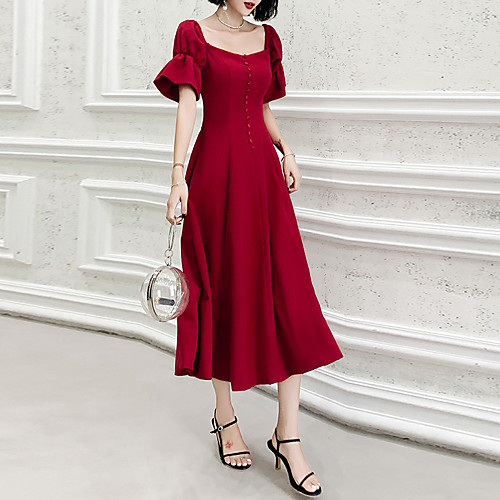 

A-Line Vintage Party Wear Cocktail Party Dress Scoop Neck Short Sleeve Tea Length Spandex with Buttons 2021