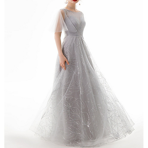

A-Line Luxurious Engagement Prom Dress Jewel Neck Sleeveless Floor Length Polyester with Beading Sequin 2021