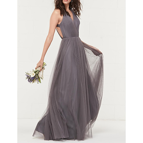 

A-Line Beautiful Back Engagement Prom Dress V Neck Sleeveless Floor Length Tulle with Pleats 2021