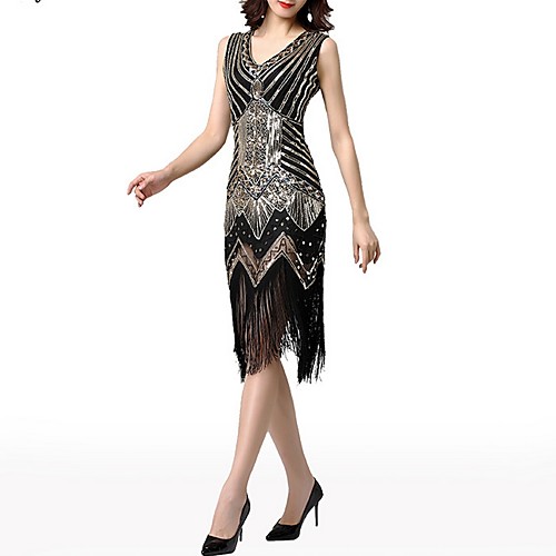 

Sheath / Column Roaring 20s 1920s Fashion Party Wear Cocktail Party Dress V Neck Sleeveless Knee Length Polyester with Crystals Tassel 2021