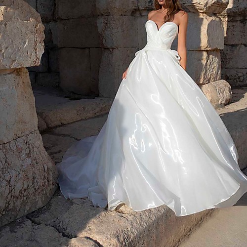 

A-Line Wedding Dresses Sweetheart Neckline Sweep / Brush Train Polyester Sleeveless Country Plus Size with Bow(s) 2021