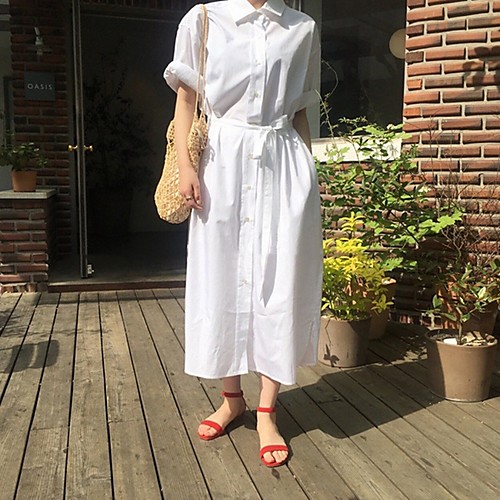 

Women's Maxi Loose Dress - Long Sleeve Solid Color Shirt Collar Loose White Light Green Light Blue One-Size