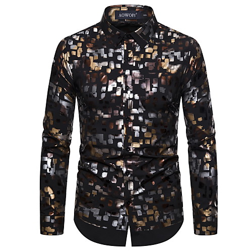 

Men's Geometric Black & White Print Slim Shirt Rock Street chic Daily Club White / Black / Long Sleeve