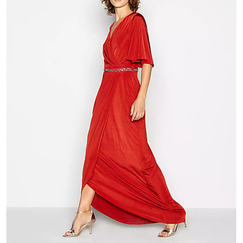 

A-Line Elegant Wedding Guest Formal Evening Dress V Neck Short Sleeve Asymmetrical Polyester with Sequin Split 2021
