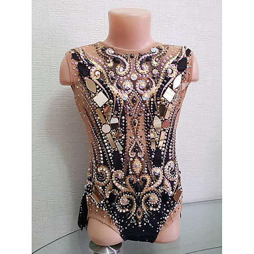 

21Grams Rhythmic Gymnastics Leotards Artistic Gymnastics Leotards Women's Girls' Leotard Black Spandex High Elasticity Breathable Handmade Jeweled Diamond Look Sleeveless Training Dance Rhythmic