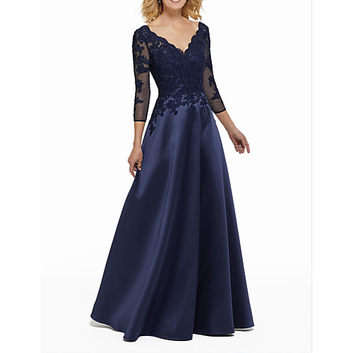 

A-Line Elegant Wedding Guest Formal Evening Dress V Neck 3/4 Length Sleeve Floor Length Satin with Beading Appliques 2021