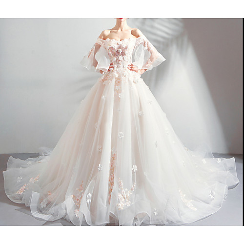 

A-Line Wedding Dresses Off Shoulder Court Train Chiffon Tulle 3/4 Length Sleeve Formal Illusion Detail Plus Size with Draping Lace Insert Appliques 2020