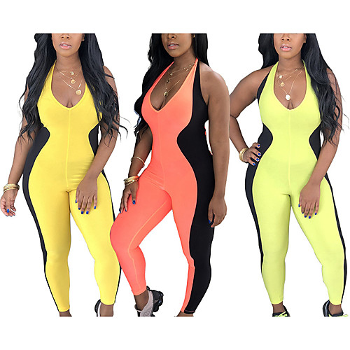 

Women's Workout Jumpsuit Winter Cut Out Color Block Yellow Fuchsia Green Spandex Yoga Running Gym Workout High Rise Bodysuit Romper Sleeveless Sport Activewear Quick Dry Push Up Butt Lift Tummy