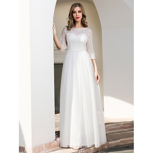 

A-Line Wedding Dresses Jewel Neck Floor Length Lace Tulle 3/4 Length Sleeve Formal Romantic Simple with Lace 2020 / Illusion Sleeve