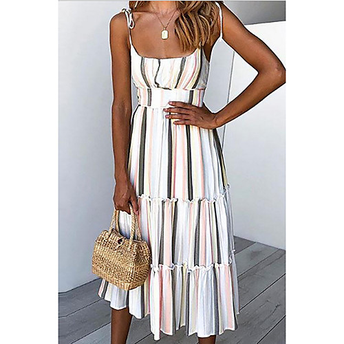 

Women's Sheath Dress - Sleeveless Striped Strap White S M L XL
