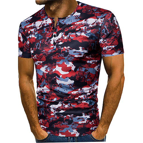 

Men's Striped Solid Colored Shirt Basic Elegant Daily Work Round Neck Red / Khaki / Gray / Short Sleeve / Camo / Camouflage