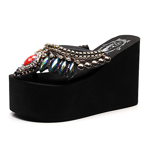 

Women's Slippers & Flip-Flops Wedge Heel Open Toe Sequin / Sparkling Glitter Polyester Vintage / Chinoiserie Walking Shoes Summer Black / Party & Evening / Color Block
