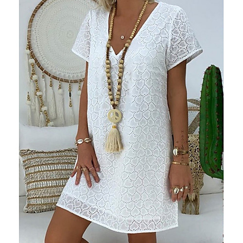 

Women's Shift Dress - Short Sleeves Solid Color Lace Spring Summer Deep V Vacation Beach Black Blue Yellow S M