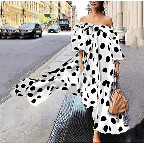 

Women's Plus Size Maxi Swing Dress - Long Sleeve Polka Dot Print Bowknot Front Tie Summer Off Shoulder Holiday Vacation Beach Loose White Black Red Brown S M L XL XXL XXXL XXXXL XXXXXL