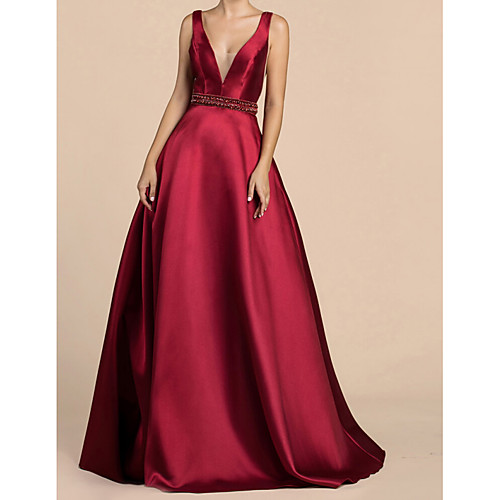 

Ball Gown Sexy Wedding Guest Prom Dress V Neck Sleeveless Sweep / Brush Train Satin with Crystals Beading 2021