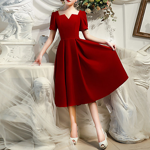 

A-Line Vintage Cocktail Party Prom Valentine's Day Dress Scoop Neck Short Sleeve Tea Length Spandex with Pleats 2021