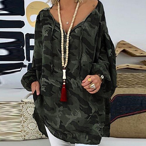 

Women's T-shirt Camo / Camouflage Long Sleeve V Neck Tops Loose Basic Top Army Green