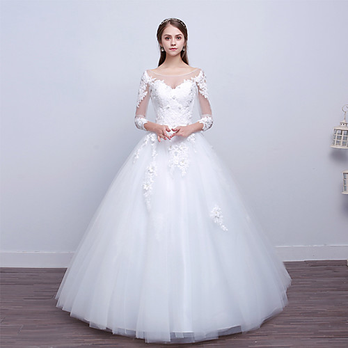 

Ball Gown Wedding Dresses Scoop Neck Floor Length Lace Tulle Polyester Long Sleeve Romantic Sexy Illusion Sleeve with Lace Appliques 2021