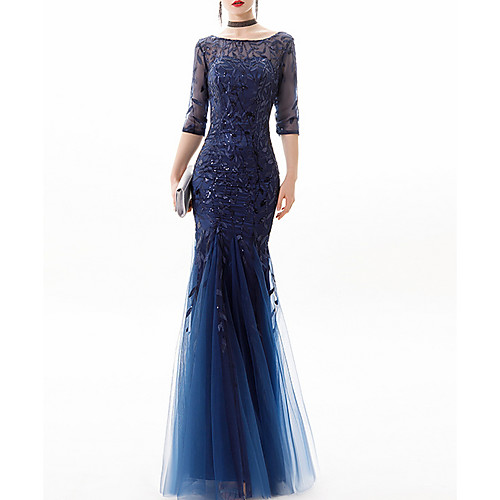 

Mermaid / Trumpet Glittering Blue Engagement Formal Evening Dress Jewel Neck 3/4 Length Sleeve Floor Length Lace Polyester with Sequin Appliques 2020