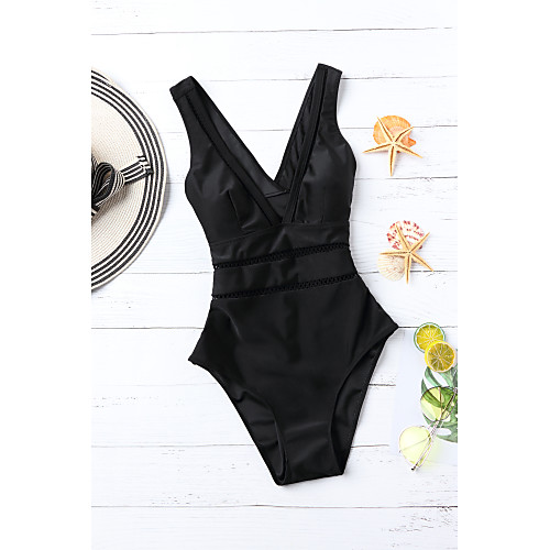 

Women's Basic Halter Cheeky One-piece Swimwear Swimsuit - Solid Colored Lace Criss Cross S M L Black