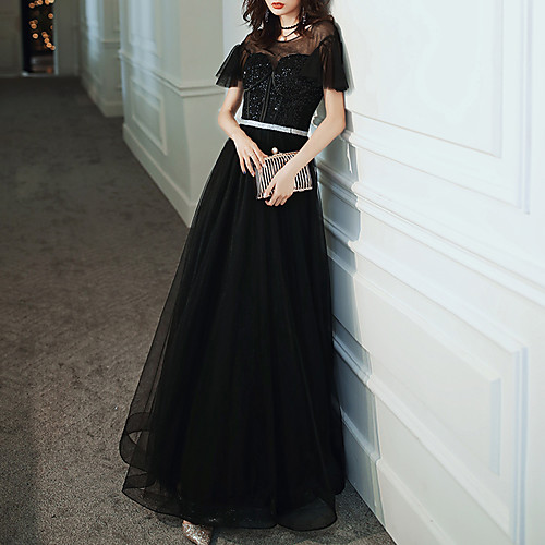 

A-Line Glittering Prom Formal Evening Dress Illusion Neck Jewel Neck Short Sleeve Floor Length Tulle Sequined with Sequin 2021