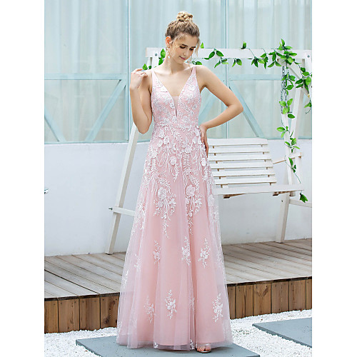 

A-Line V Neck / Spaghetti Strap Floor Length Lace / Tulle Bridesmaid Dress with Embroidery