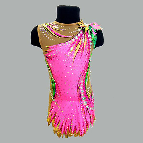 

21Grams Rhythmic Gymnastics Leotards Artistic Gymnastics Leotards Women's Girls' Leotard Fuchsia Spandex High Elasticity Breathable Handmade Jeweled Diamond Look Sleeveless Training Dance Rhythmic