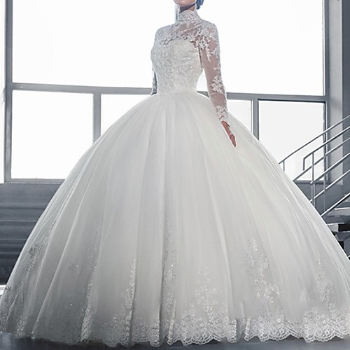 

Ball Gown Wedding Dresses High Neck Sweep / Brush Train Lace Long Sleeve Formal Illusion Sleeve with Lace Insert Embroidery 2021