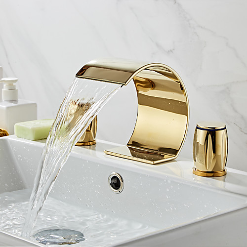 

Brass Bathroom Sink Faucet Contain with Cold and Hot Water Widespread /Waterfall Electroplated Bath Taps Two Handles Three Holes Basin Faucet