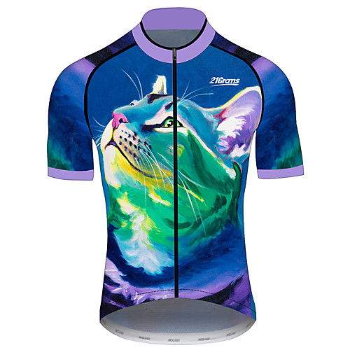 

21Grams Men's Short Sleeve Cycling Jersey Dark Blue Cat Animal Bike Jersey Top Mountain Bike MTB Road Bike Cycling UV Resistant Breathable Quick Dry Sports Clothing Apparel / Stretchy