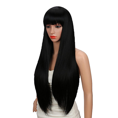 

Synthetic Wig kinky Straight Halloween Neat Bang Wig Long Natural Black Synthetic Hair 28 inch Women's Black