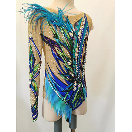 

21Grams Rhythmic Gymnastics Leotards Artistic Gymnastics Leotards Women's Girls' Leotard Blue Spandex High Elasticity Breathable Handmade Jeweled Diamond Look Long Sleeve Competition Dance Rhythmic