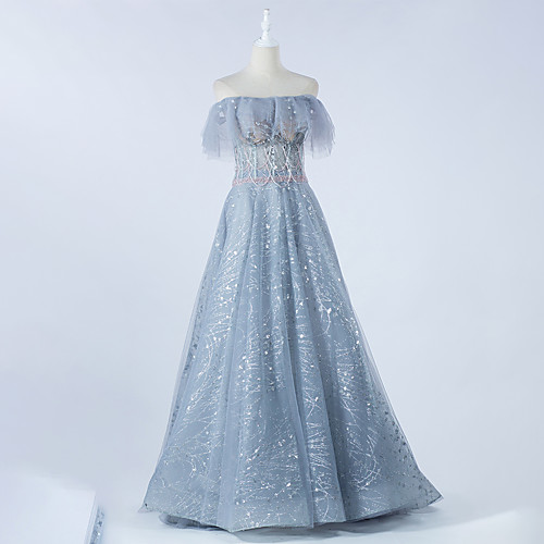 

A-Line Beautiful Back Prom Formal Evening Dress Off Shoulder Short Sleeve Sweep / Brush Train Tulle with Beading Ruffles 2021