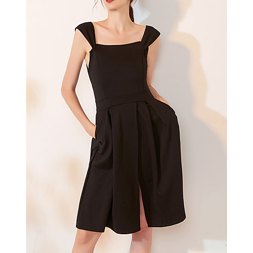 

A-Line Little Black Dress Homecoming Cocktail Party Dress Scoop Neck Sleeveless Knee Length Spandex with Pleats Split 2021