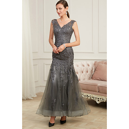 

Mermaid / Trumpet Elegant Party Wear Formal Evening Dress V Neck Sleeveless Floor Length Tulle Polyester with Sequin Appliques 2021