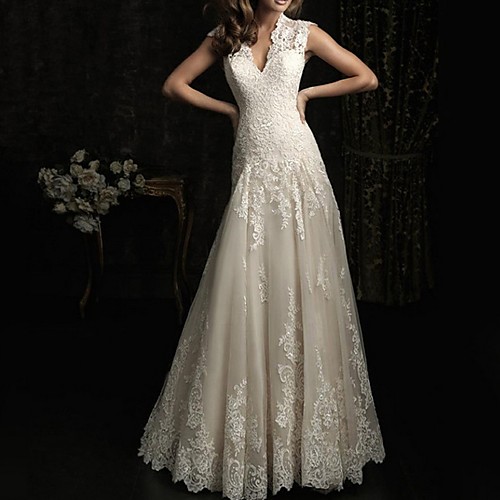 

A-Line Wedding Dresses V Neck Sweep / Brush Train Lace Sleeveless Beach with Lace Insert Embroidery 2020