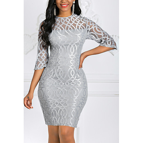 

Women's Plus Size Bodycon Short Mini Dress - 3/4 Length Sleeve Solid Colored Lace Spring Fall Elegant Cocktail Party Slim Red Gray S M L XL XXL XXXL XXXXL XXXXXL