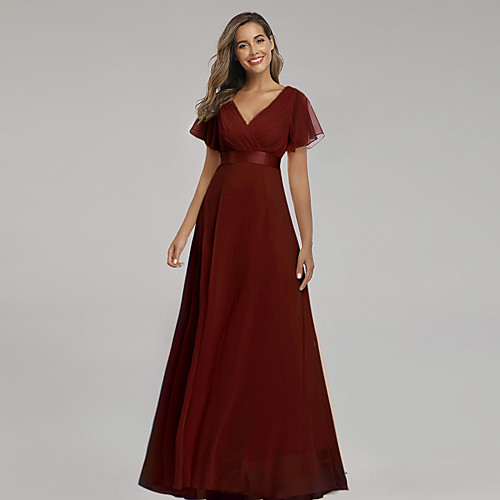 

A-Line Empire Elegant Party Wear Formal Evening Birthday Dress V Neck V Back Short Sleeve Floor Length Chiffon with Ruched Ruffles 2022