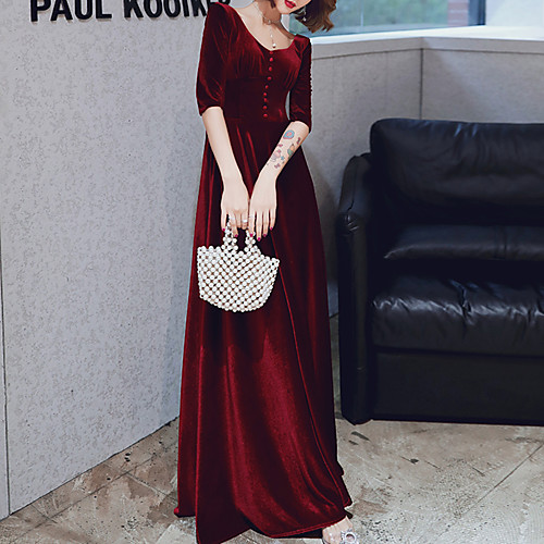 

A-Line Minimalist Prom Formal Evening Dress V Neck Half Sleeve Floor Length Velvet with Buttons 2021