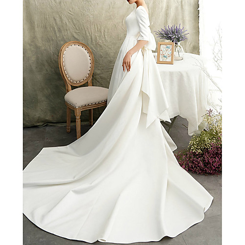 

A-Line Wedding Dresses Bateau Neck Watteau Train Satin Half Sleeve Formal Vintage Elegant with Bow(s) 2021