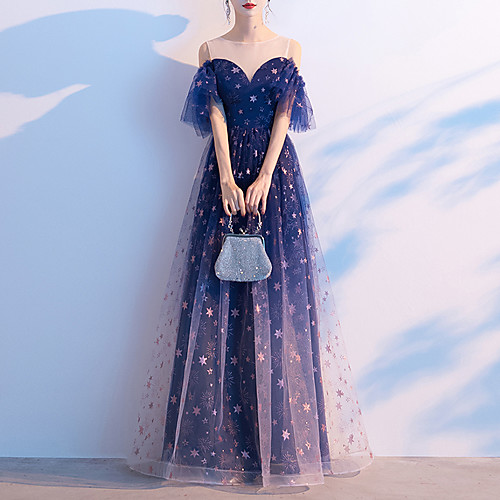 

A-Line Elegant Prom Formal Evening Dress Illusion Neck Jewel Neck Short Sleeve Floor Length Tulle with Pattern / Print 2021